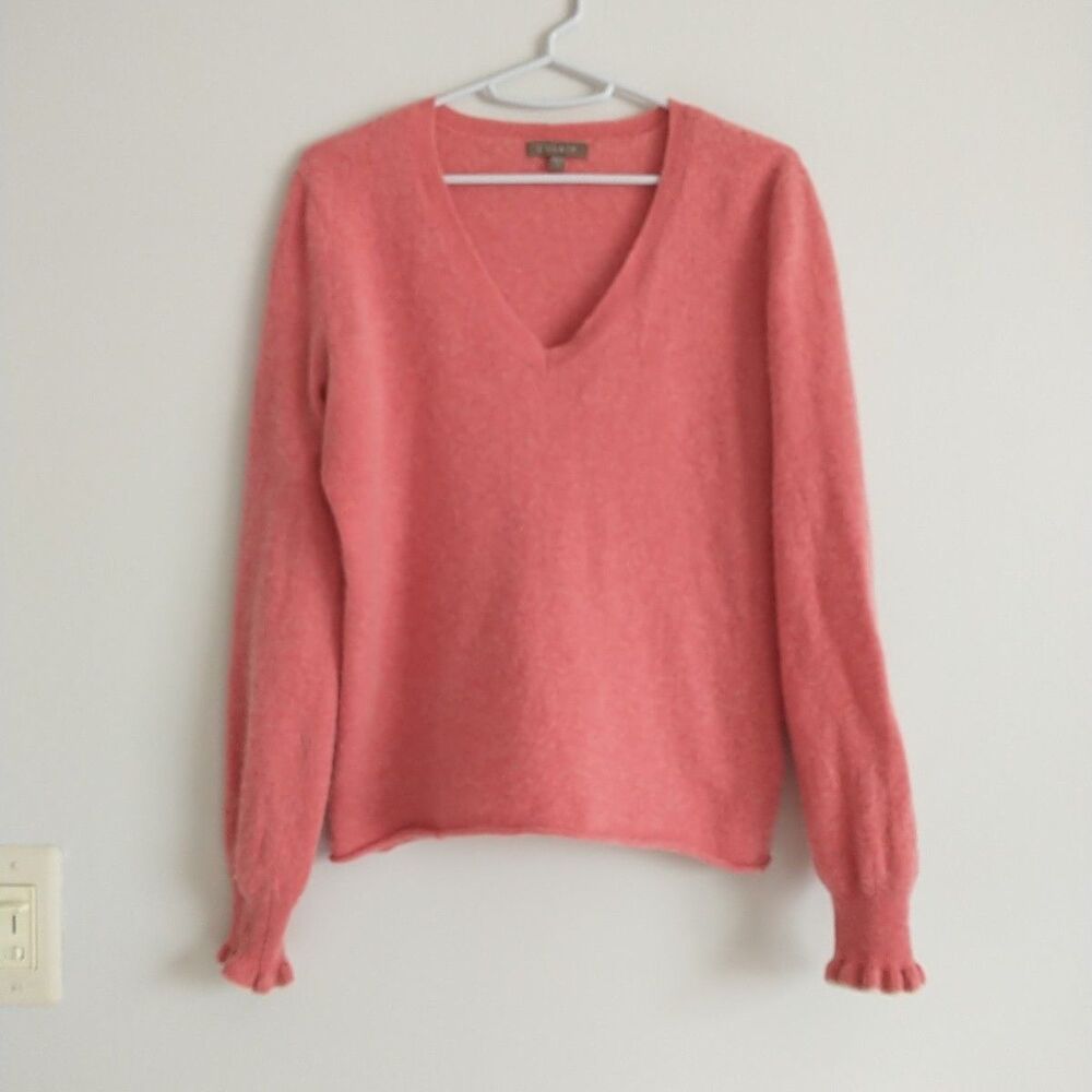 Lilla P Sweater Womens M Pink Red 100% Cashmere V Neck Ruffle Anthropologie